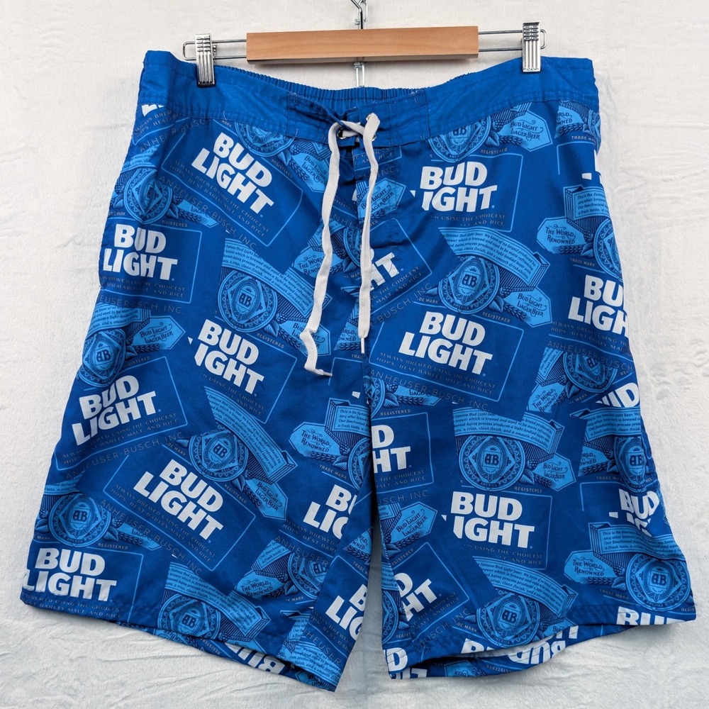 Bud Light Swim Shorts Mens XL Royal Blue Beer Lined AOP Board Beachwear Surf Y2K